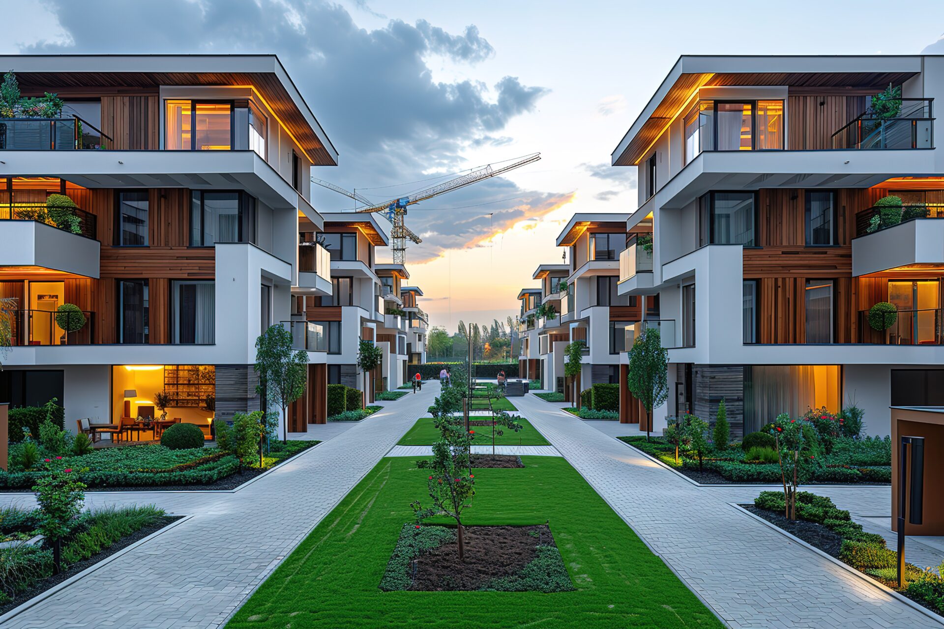 Modern townhouses with lush landscaping.
