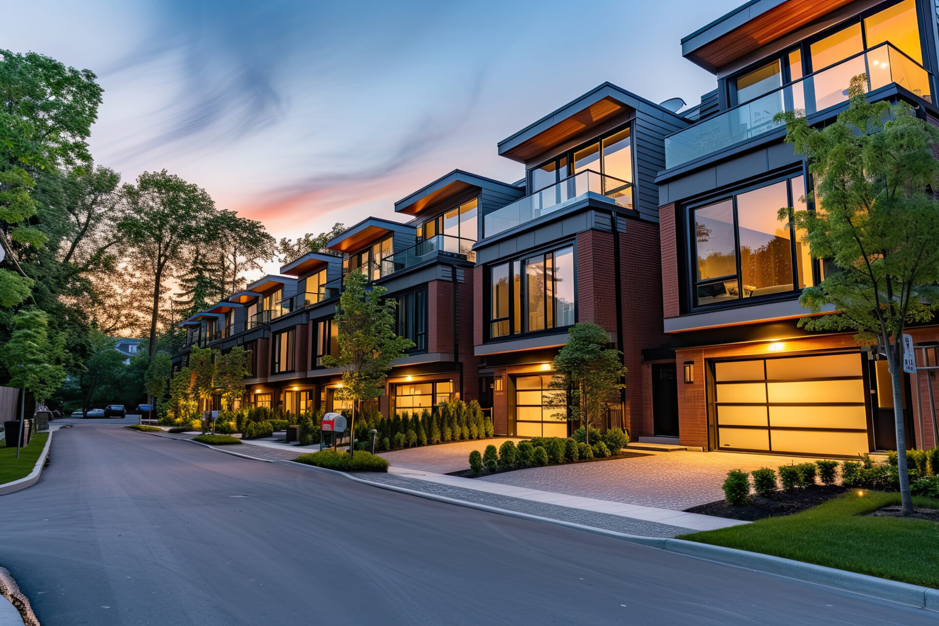 row-townhouses-dusk-residential-home-modern-development-modern-building
